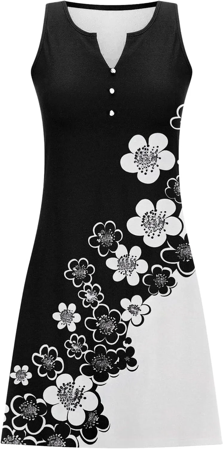 Summer Shirt Dress Women V-Neck Floral Graphic A-Line Boho Tank Dresses Sleeveless Beach Sundress Casual Outfit