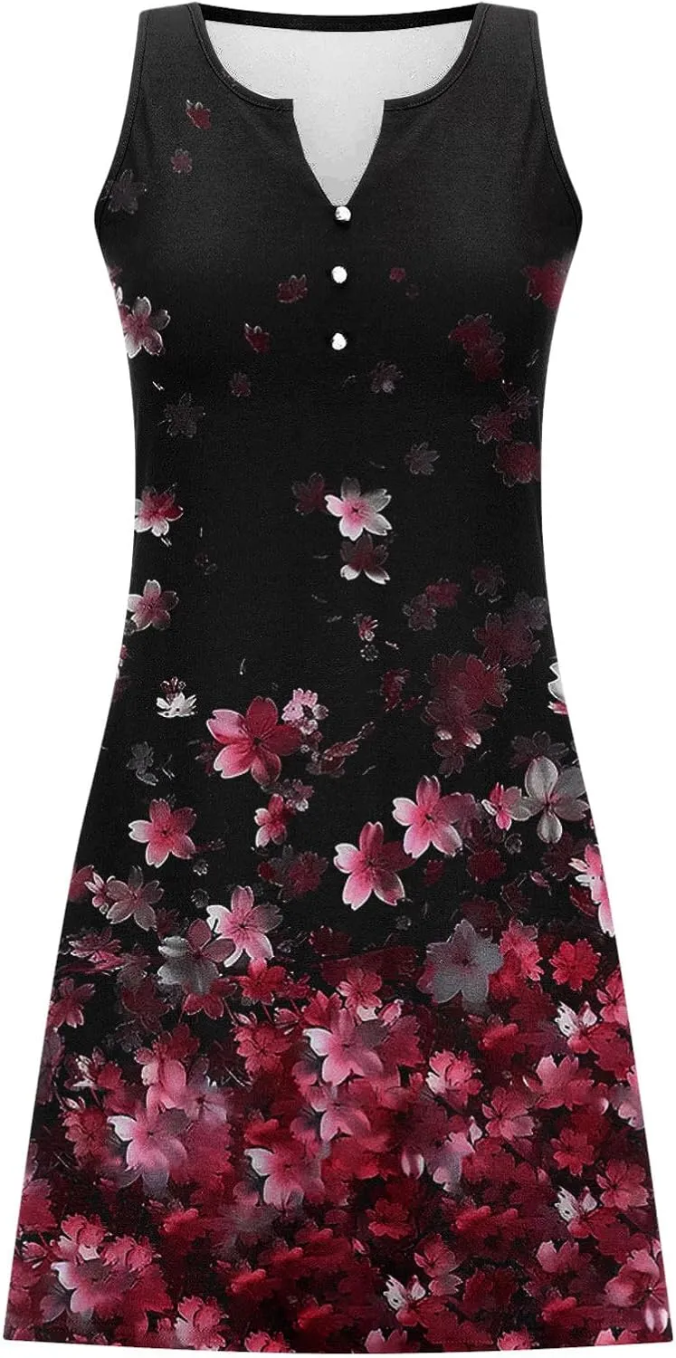 Summer Shirt Dress Women V-Neck Floral Graphic A-Line Boho Tank Dresses Sleeveless Beach Sundress Casual Outfit