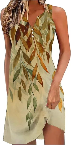 Summer Shirt Dress Women V-Neck Floral Graphic A-Line Boho Tank Dresses Sleeveless Beach Sundress Casual Outfit