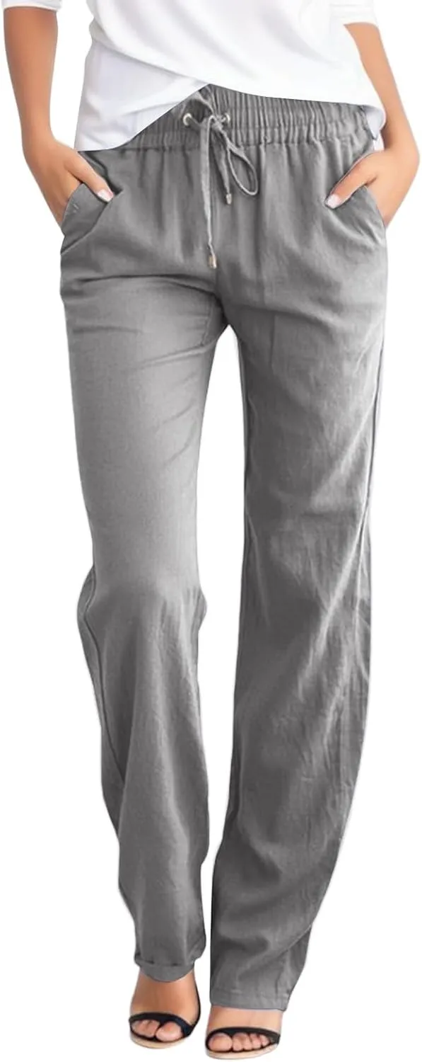 Summer Womens Linen Pants Soild High Waisted Trousers Linen Wide Leg Pants for Women Causal Dressy Drawstring Pants