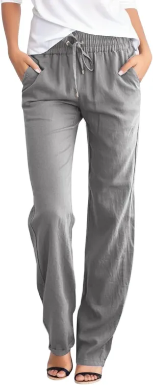 Summer Womens Linen Pants Soild High Waisted Trousers Linen Wide Leg Pants for Women Causal Dressy Drawstring Pants