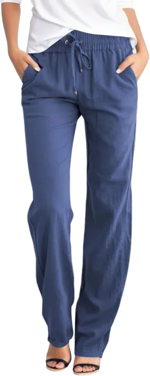 Summer Womens Linen Pants Soild High Waisted Trousers Linen Wide Leg Pants for Women Causal Dressy Drawstring Pants