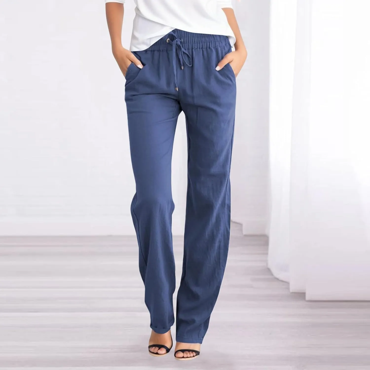 Summer Womens Linen Pants Soild High Waisted Trousers Linen Wide Leg Pants for Women Causal Dressy Drawstring Pants