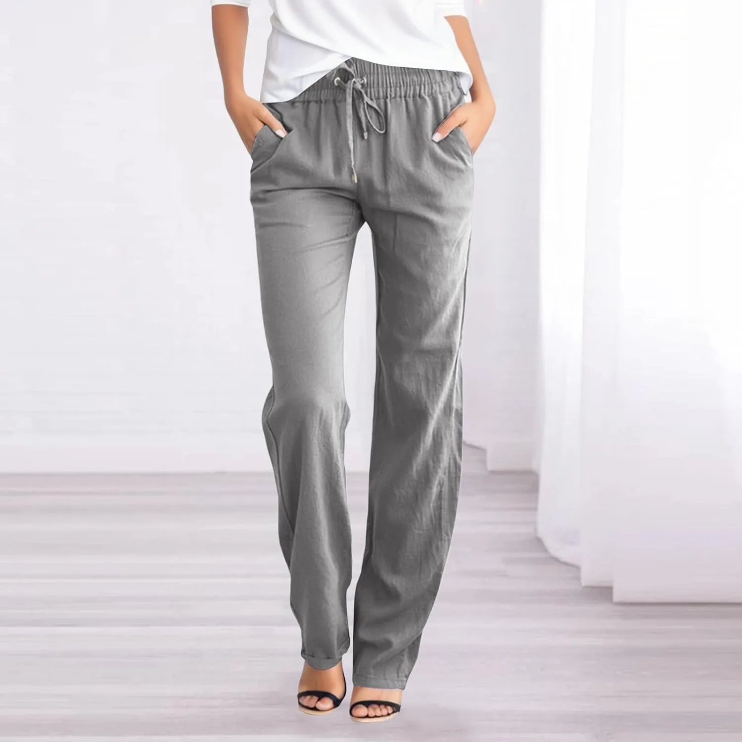 Summer Womens Linen Pants Soild High Waisted Trousers Linen Wide Leg Pants for Women Causal Dressy Drawstring Pants