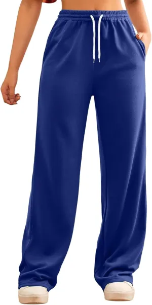 Sweatpants Women Casual Baggy Straight Pants Wide Leg Loose Elastic Waist Drawstring Dressy Trousers