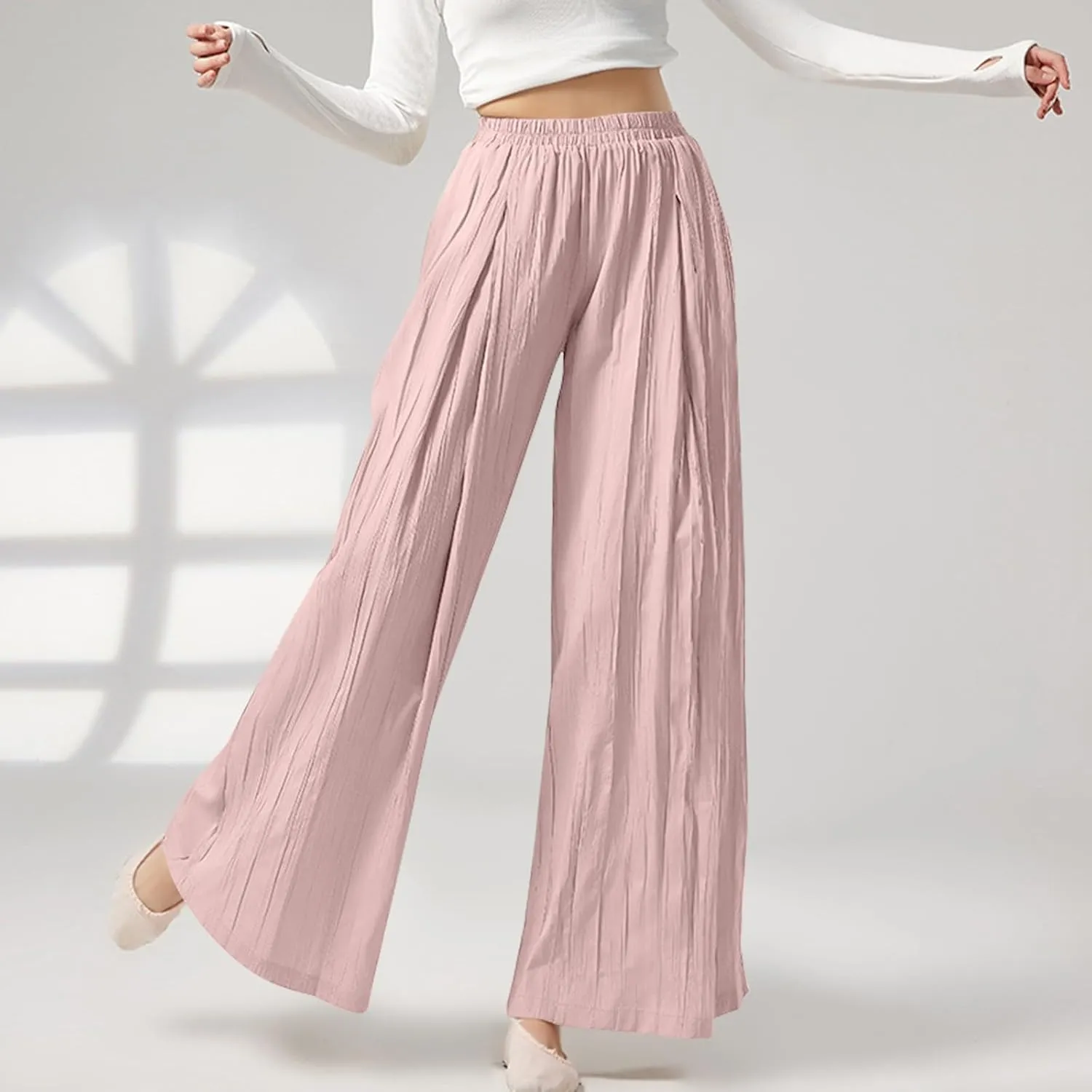 Sweatpants Women Pleated Wide Leg Pants with Pockets Casual Elastic Waist Cotton Linen Straight Leg Pants