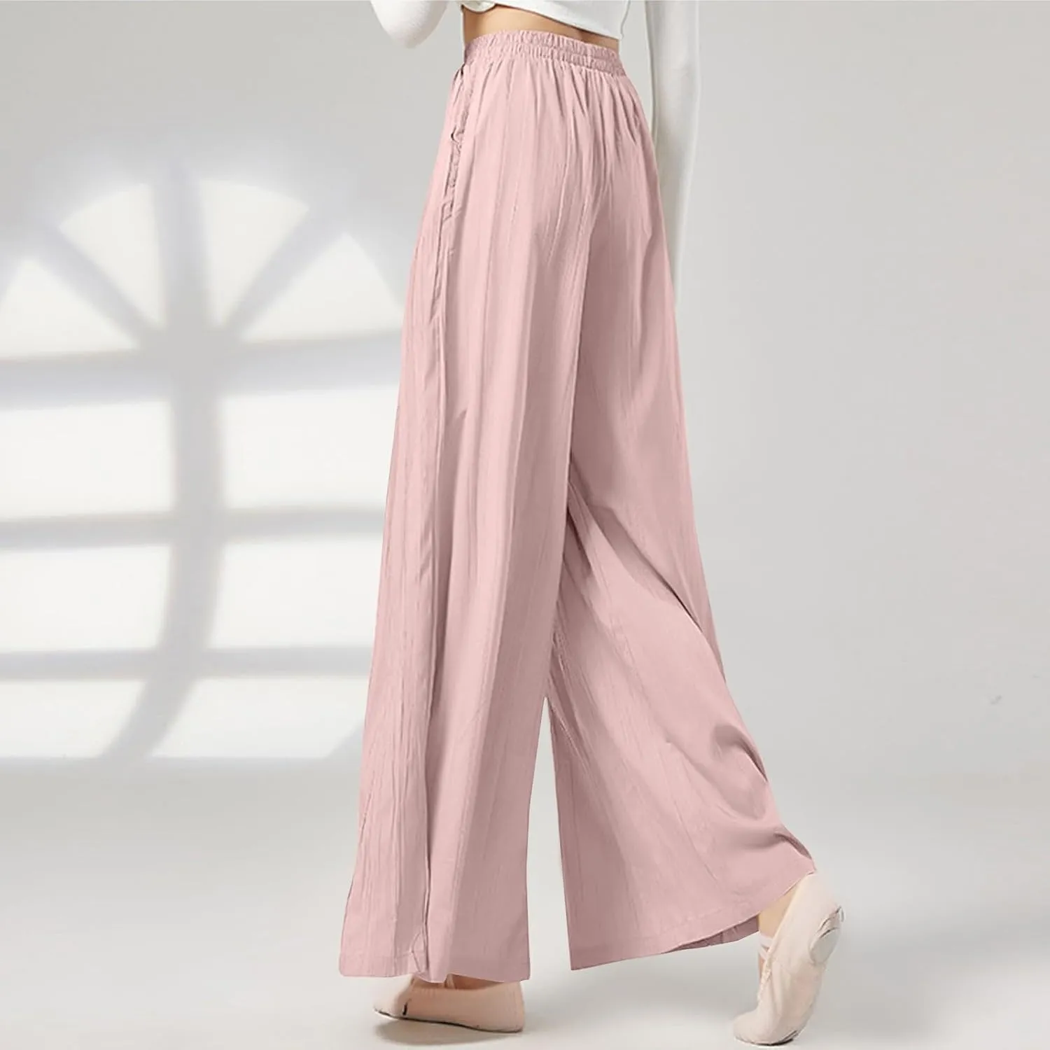 Sweatpants Women Pleated Wide Leg Pants with Pockets Casual Elastic Waist Cotton Linen Straight Leg Pants