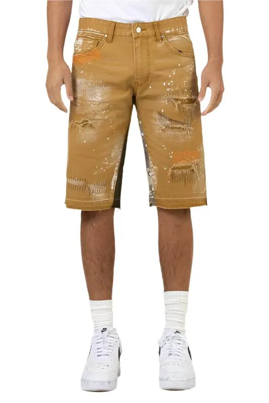 TEEK - Wheat  Multi Camo Released Hem Denim Shorts