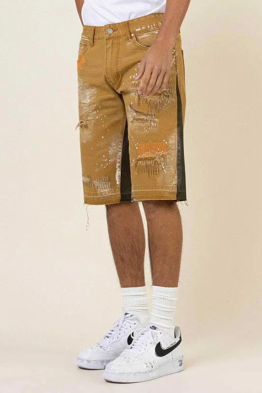 TEEK - Wheat  Multi Camo Released Hem Denim Shorts