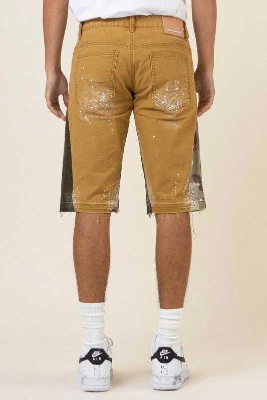 TEEK - Wheat  Multi Camo Released Hem Denim Shorts
