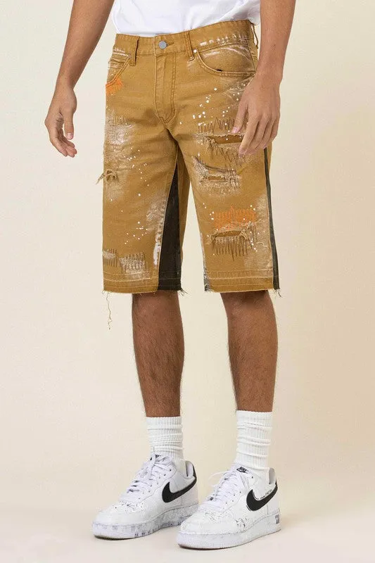 TEEK - Wheat  Multi Camo Released Hem Denim Shorts