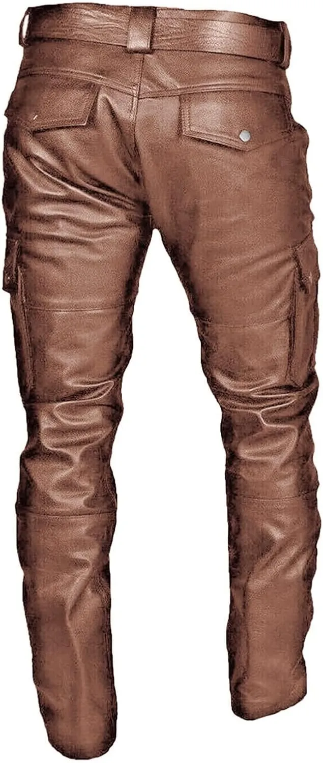 Thatrich Faux Leather Pants Men Bomber Winter Pants Steampunk Trousers Slim Fit Motorcycle Jeans Fashion Outfits with Pockets