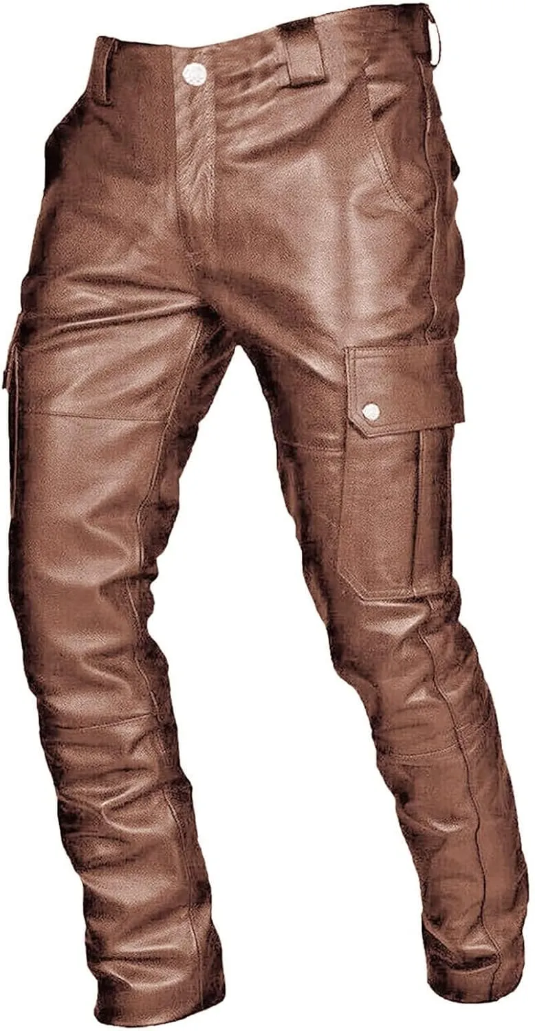 Thatrich Faux Leather Pants Men Bomber Winter Pants Steampunk Trousers Slim Fit Motorcycle Jeans Fashion Outfits with Pockets