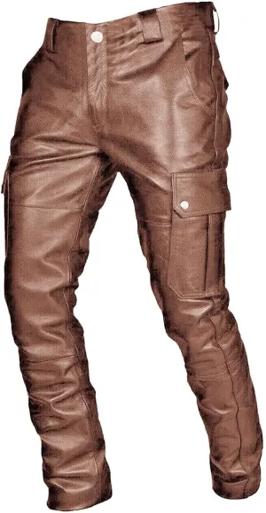 Thatrich Faux Leather Pants Men Bomber Winter Pants Steampunk Trousers Slim Fit Motorcycle Jeans Fashion Outfits with Pockets