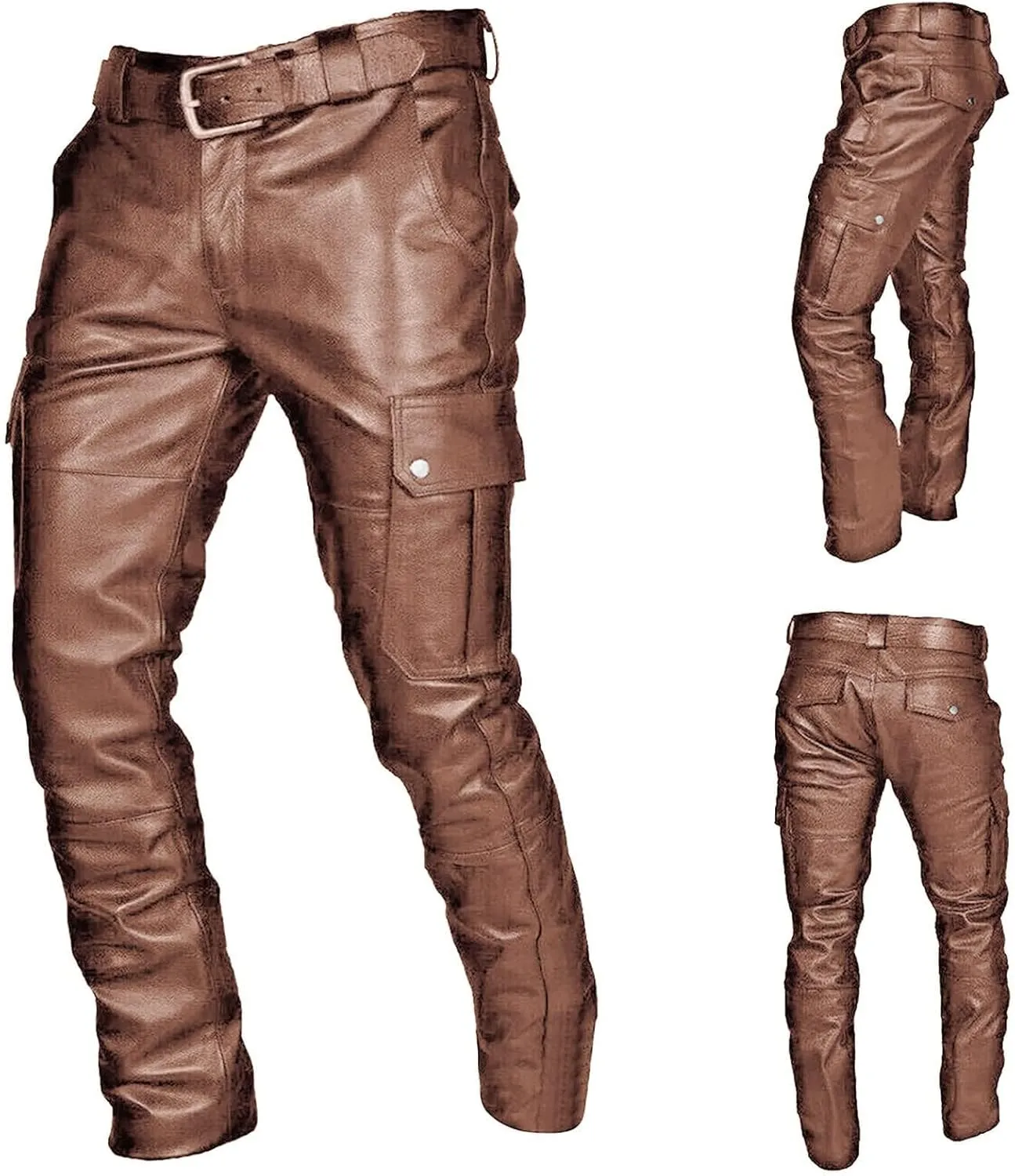 Thatrich Faux Leather Pants Men Bomber Winter Pants Steampunk Trousers Slim Fit Motorcycle Jeans Fashion Outfits with Pockets