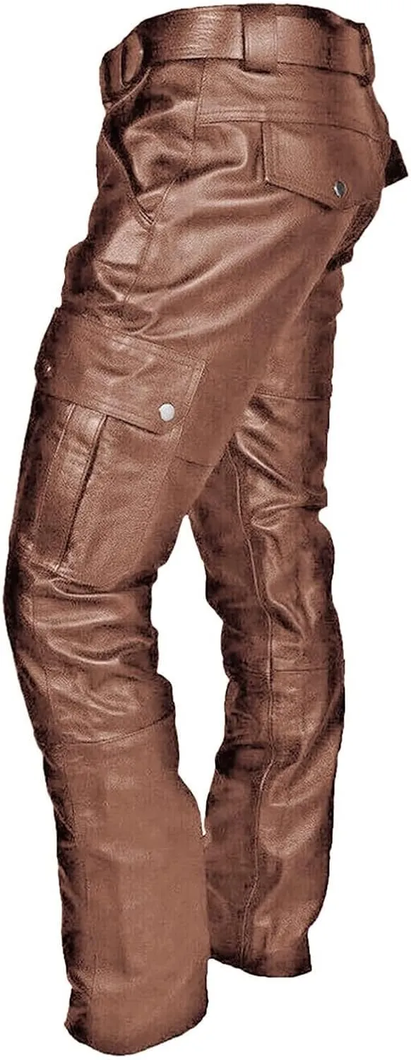 Thatrich Faux Leather Pants Men Bomber Winter Pants Steampunk Trousers Slim Fit Motorcycle Jeans Fashion Outfits with Pockets