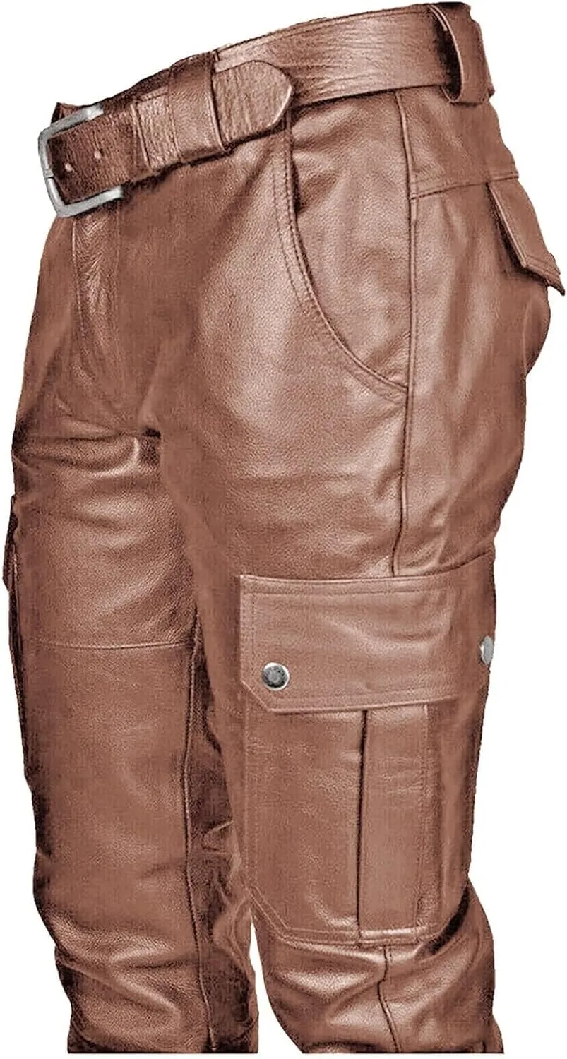 Thatrich Faux Leather Pants Men Bomber Winter Pants Steampunk Trousers Slim Fit Motorcycle Jeans Fashion Outfits with Pockets