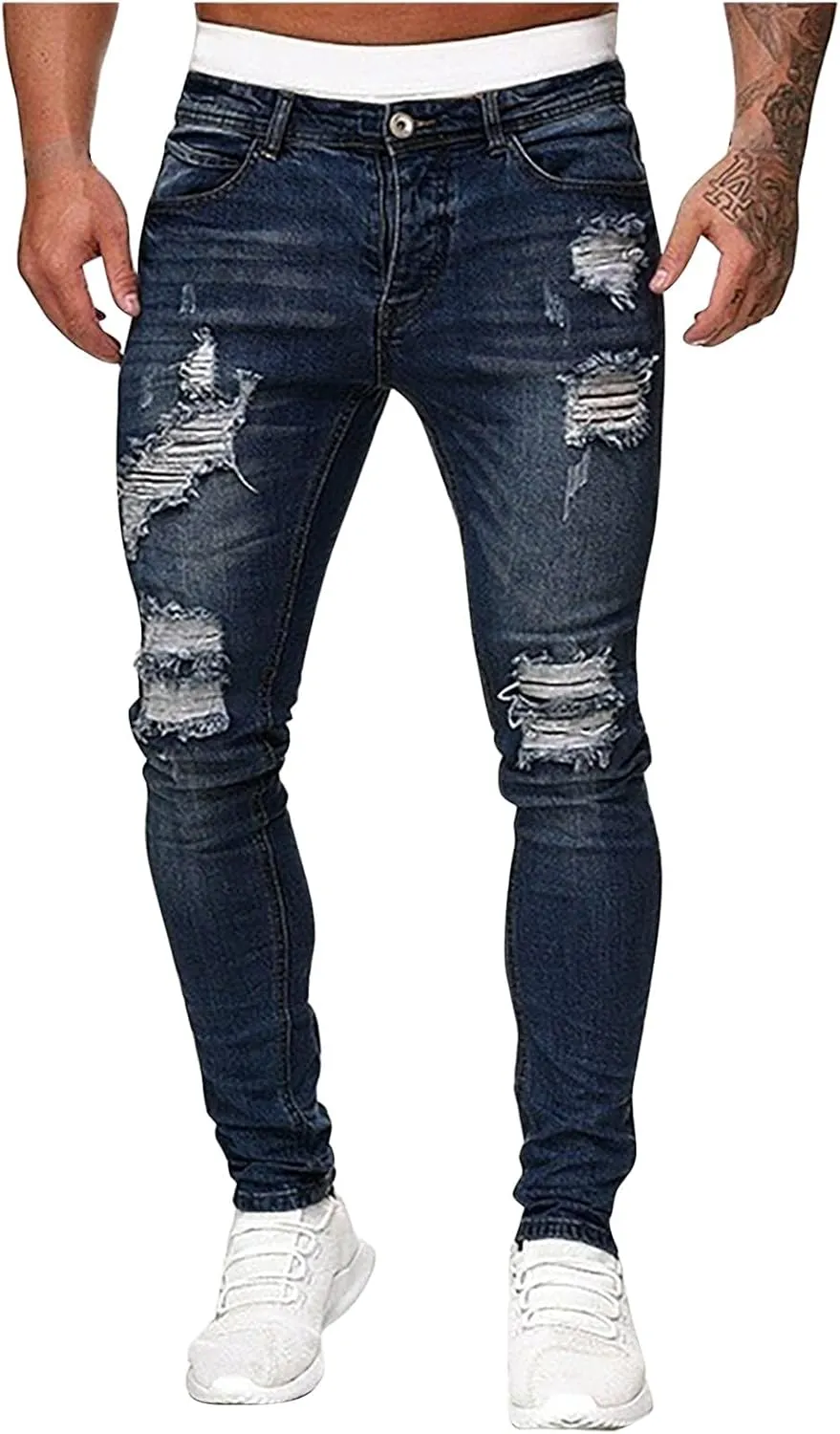 Thatrich Mens Destroyed Jeans Moto Denim Pants Slim Fit Stretch Jean Skinny Ripped Cowboy Trousers Trendy Streetwear Spring