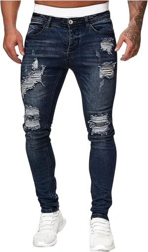 Thatrich Mens Destroyed Jeans Moto Denim Pants Slim Fit Stretch Jean Skinny Ripped Cowboy Trousers Trendy Streetwear Spring