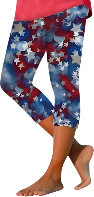Today 2025 Daily Deals 4th of July Capri Leggings for Women Summer Plus Size High Waist Tummy Control American Flag Star Stripes Print Yoga Pants Patriotic Workout Cropped Trousers
