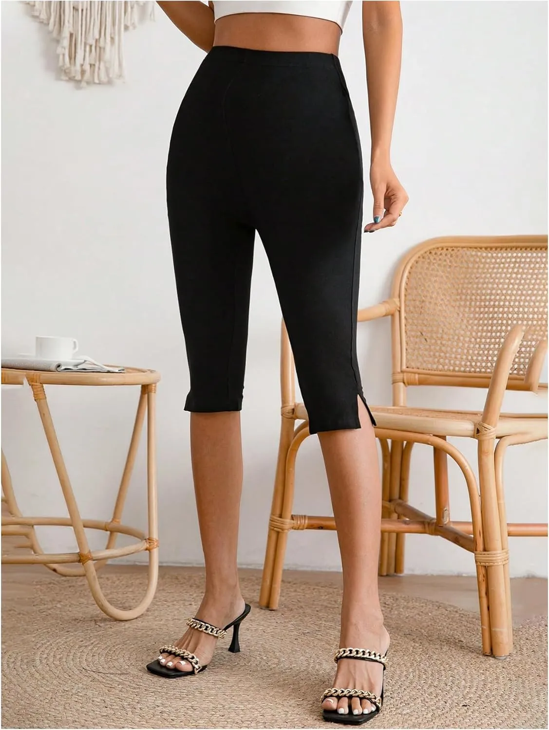 Verdusa Women's Split Capri Leggings High Waisted Knee Length Shorts