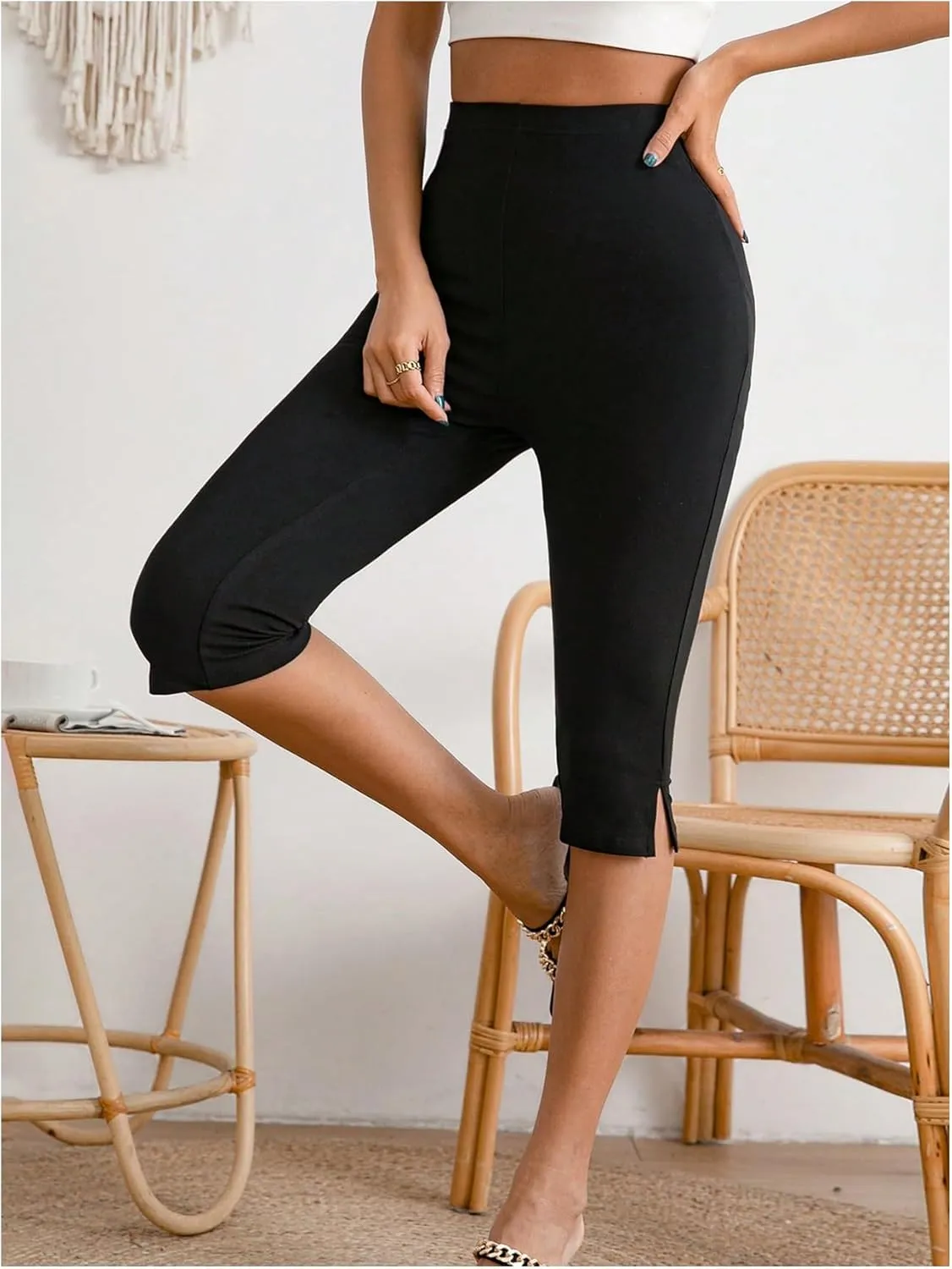 Verdusa Women's Split Capri Leggings High Waisted Knee Length Shorts
