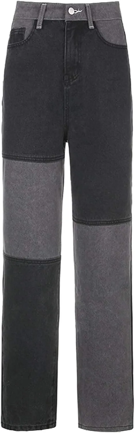 Viatabuna Patchwork Jeans for Women High Waisted Straight Leg Stretch Denim Pants Girls Fashion Color Block Patch Jeans
