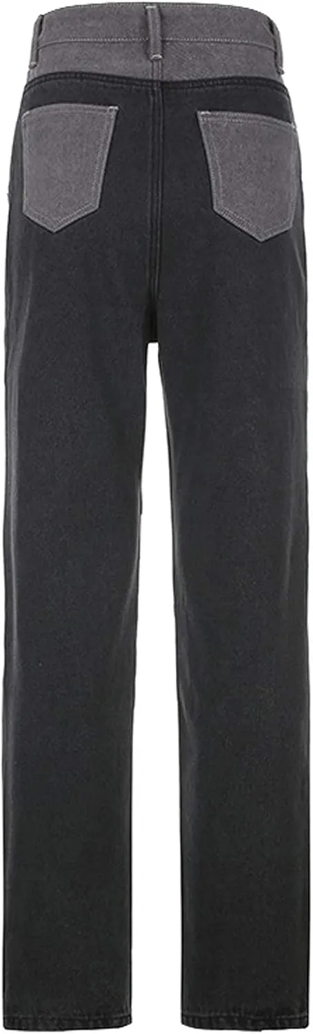 Viatabuna Patchwork Jeans for Women High Waisted Straight Leg Stretch Denim Pants Girls Fashion Color Block Patch Jeans