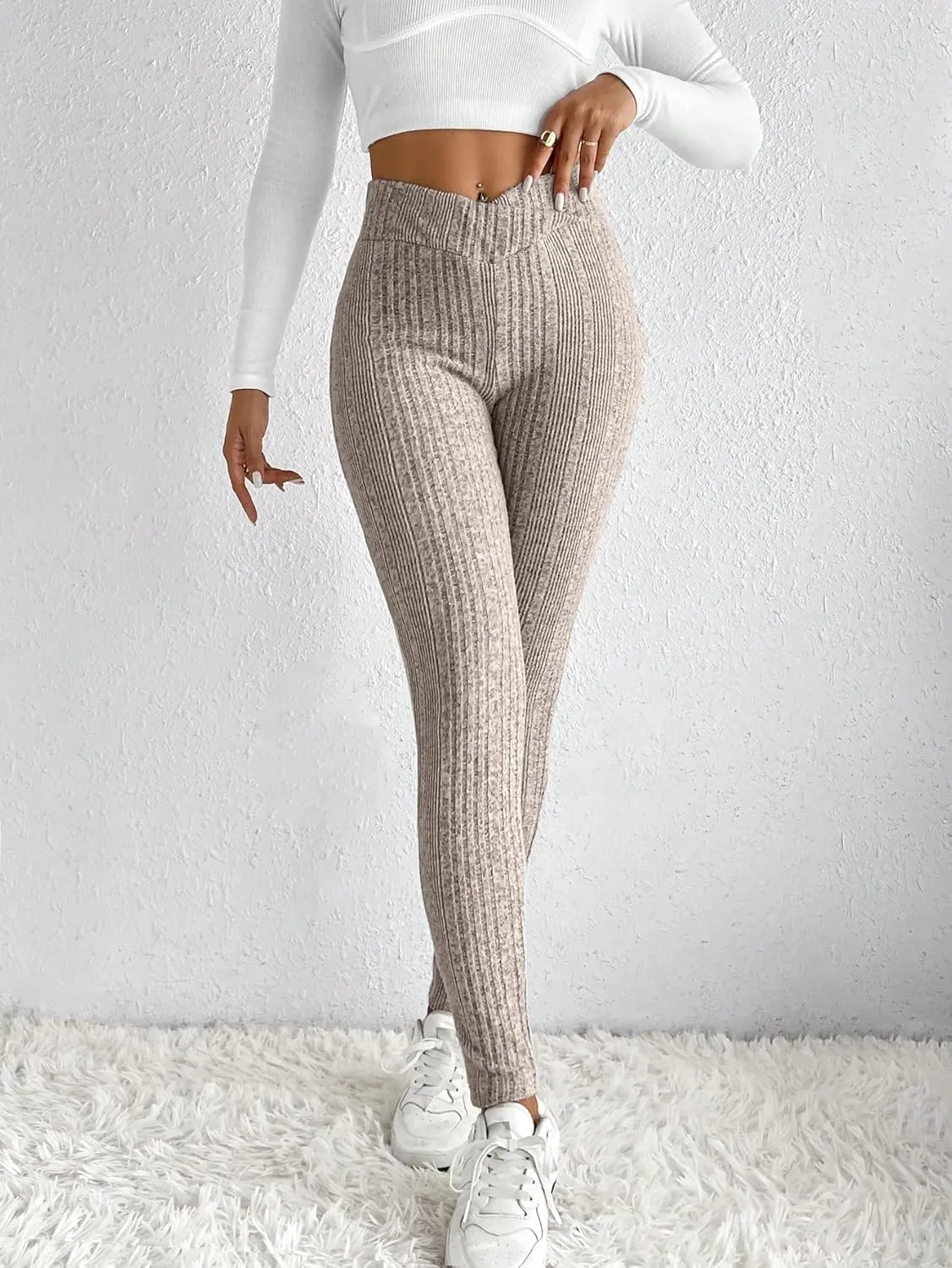WDIRARA Women's Elastic Waist Leggings Ribbed Knit Casual Long Pants