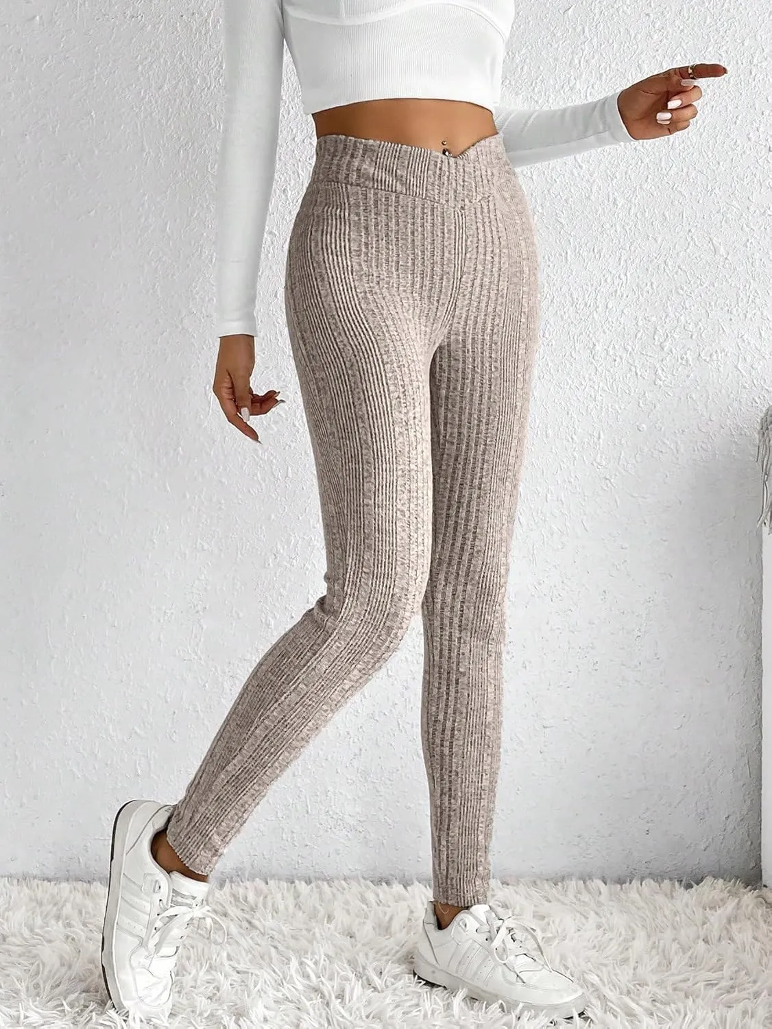 WDIRARA Women's Elastic Waist Leggings Ribbed Knit Casual Long Pants