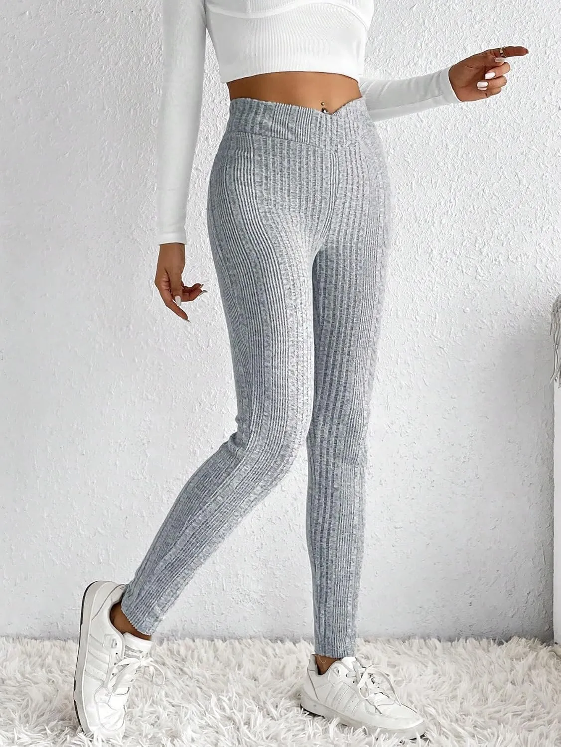 WDIRARA Women's Elastic Waist Leggings Ribbed Knit Casual Long Pants