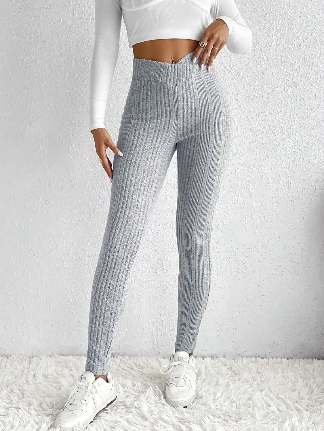 WDIRARA Women's Elastic Waist Leggings Ribbed Knit Casual Long Pants