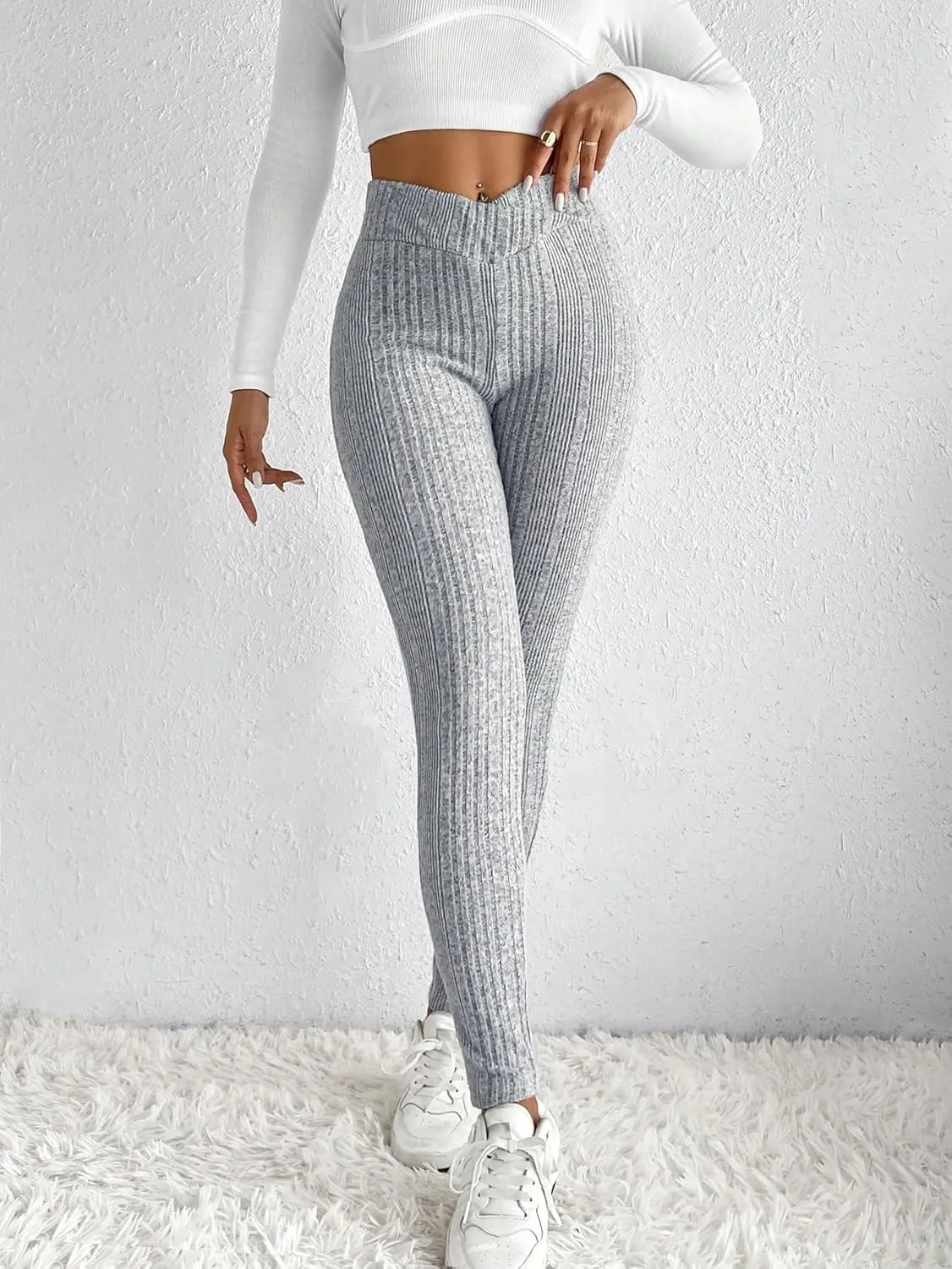 WDIRARA Women's Elastic Waist Leggings Ribbed Knit Casual Long Pants