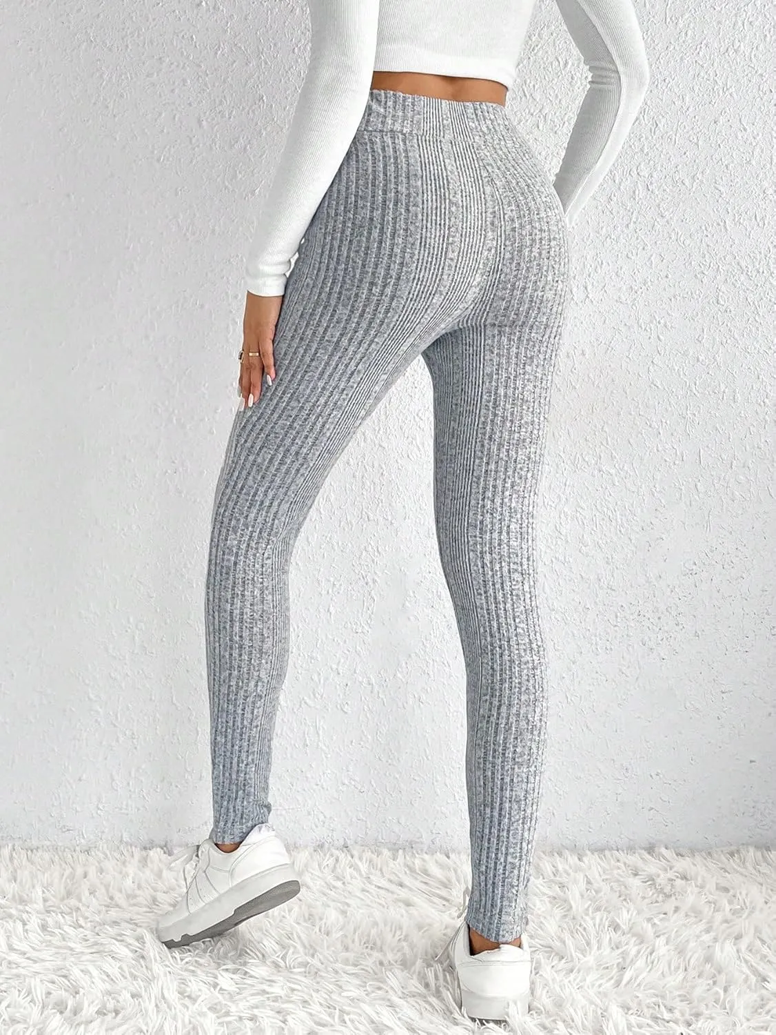 WDIRARA Women's Elastic Waist Leggings Ribbed Knit Casual Long Pants