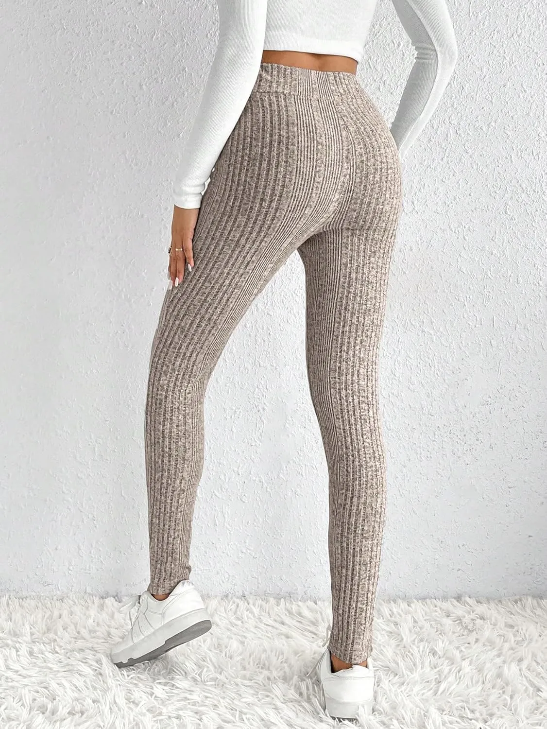 WDIRARA Women's Elastic Waist Leggings Ribbed Knit Casual Long Pants