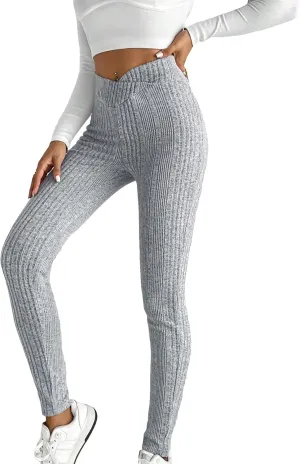 WDIRARA Women's Elastic Waist Leggings Ribbed Knit Casual Long Pants