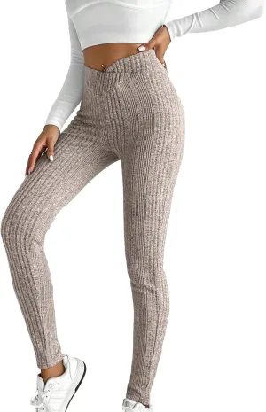 WDIRARA Women's Elastic Waist Leggings Ribbed Knit Casual Long Pants