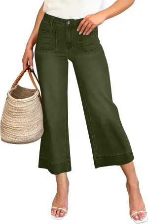 Wide Leg Cropped Jeans for Women Bootcut High Waisted Flare Jeans Stretchy Baggy Denim Pants with Front Patch Pockets