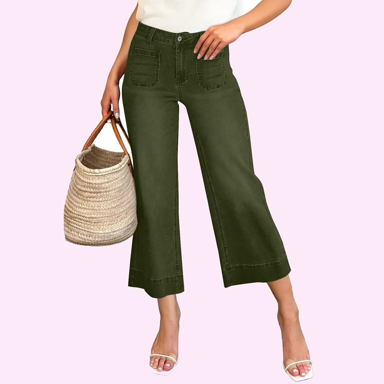 Wide Leg Cropped Jeans for Women Bootcut High Waisted Flare Jeans Stretchy Baggy Denim Pants with Front Patch Pockets