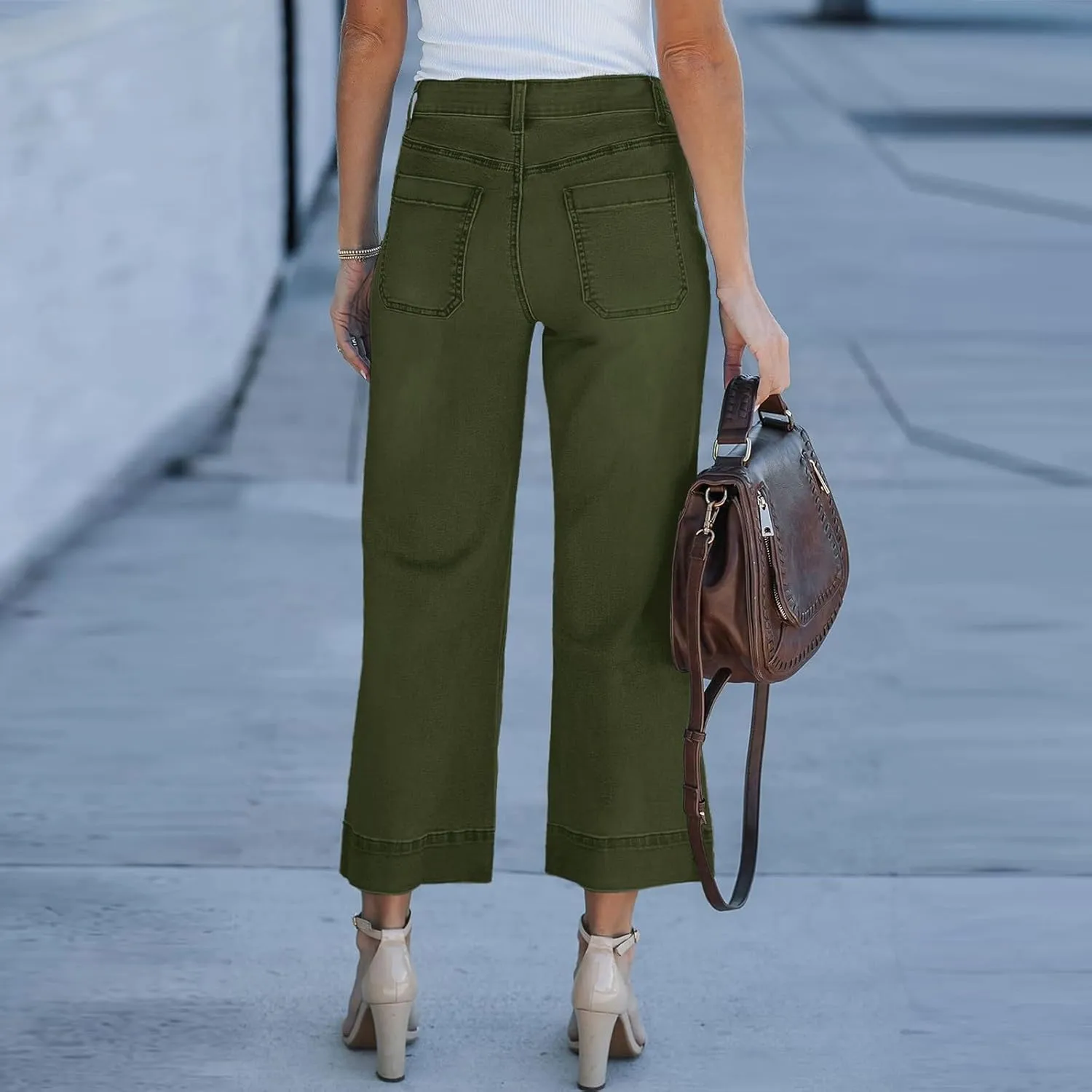 Wide Leg Cropped Jeans for Women Bootcut High Waisted Flare Jeans Stretchy Baggy Denim Pants with Front Patch Pockets