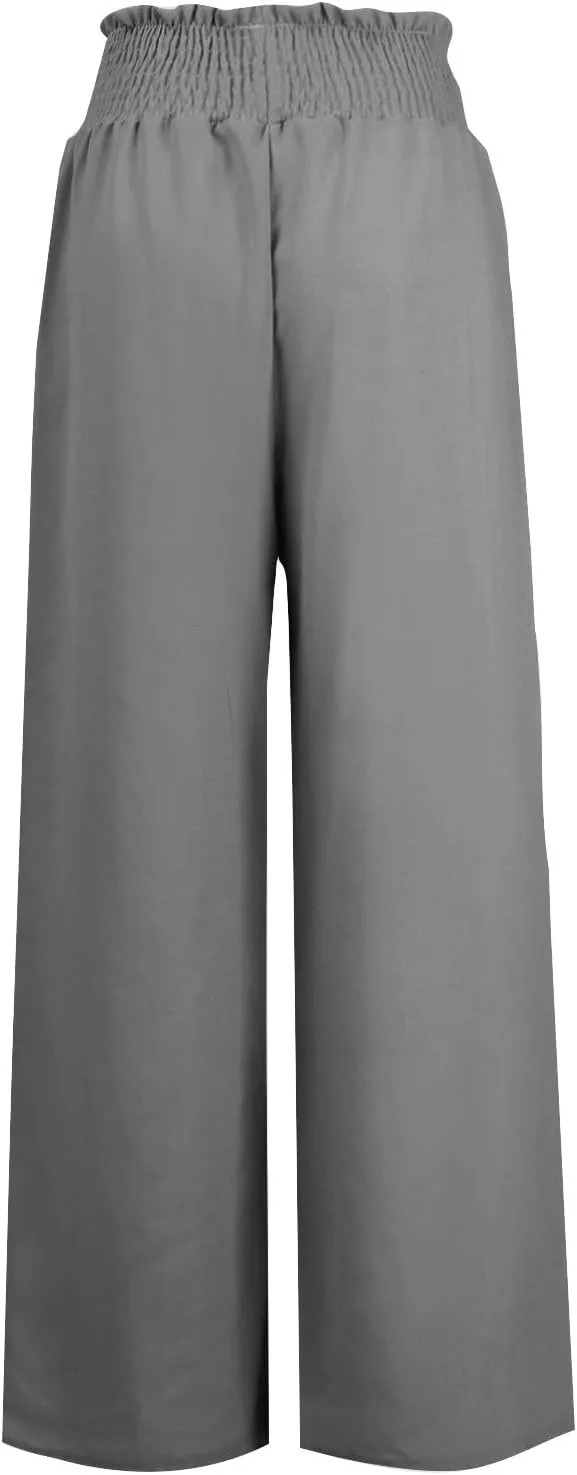 Wide Leg Linen Pants for Women Casual Summer Smocked High Waist Palazzo Pants Yoga Baggy Trousers with Pockets Beach