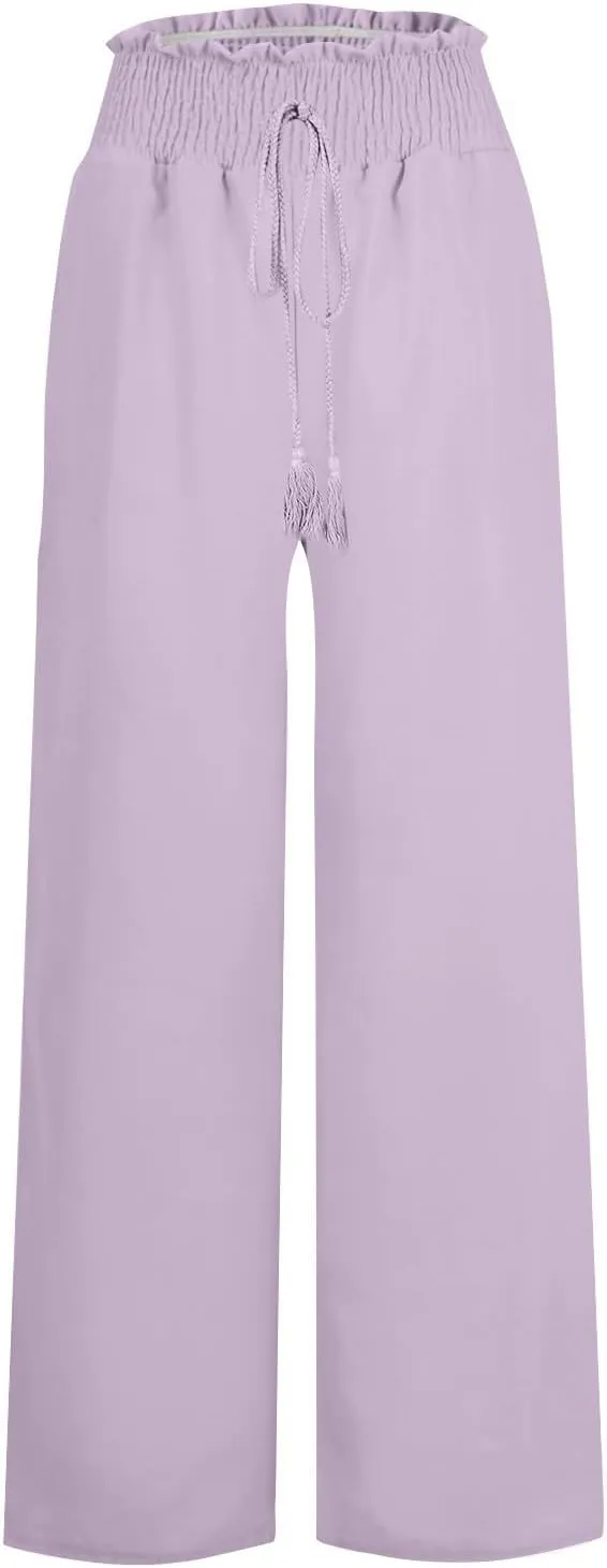 Wide Leg Linen Pants for Women Casual Summer Smocked High Waist Palazzo Pants Yoga Baggy Trousers with Pockets Beach