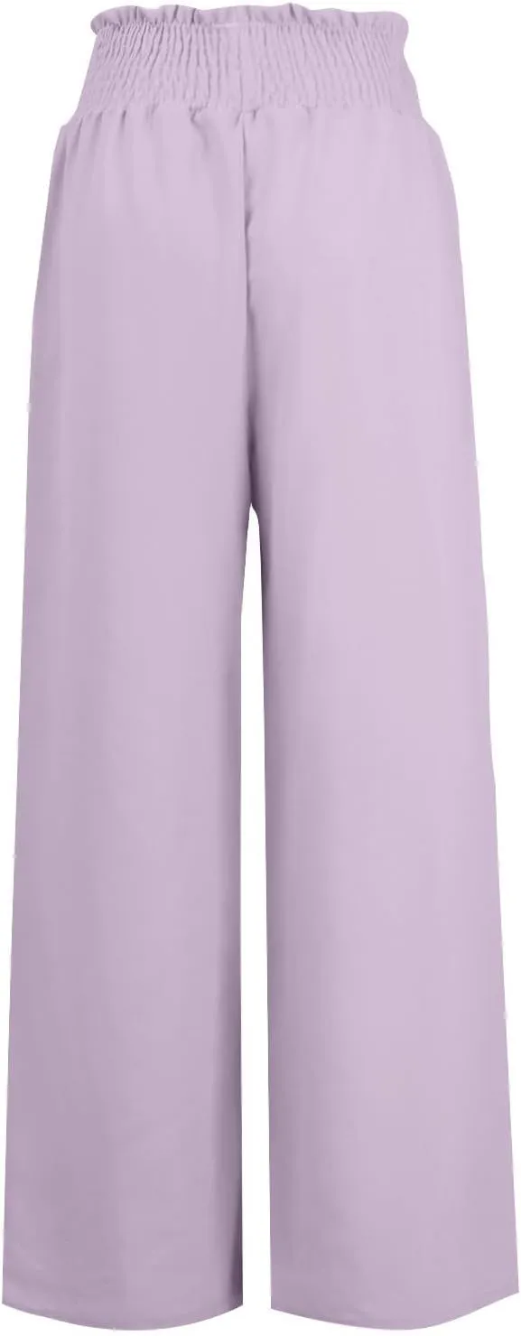 Wide Leg Linen Pants for Women Casual Summer Smocked High Waist Palazzo Pants Yoga Baggy Trousers with Pockets Beach