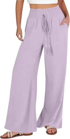 Wide Leg Linen Pants for Women Casual Summer Smocked High Waist Palazzo Pants Yoga Baggy Trousers with Pockets Beach