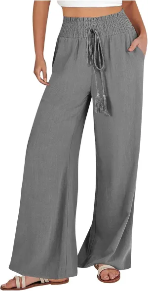 Wide Leg Linen Pants for Women Casual Summer Smocked High Waist Palazzo Pants Yoga Baggy Trousers with Pockets Beach