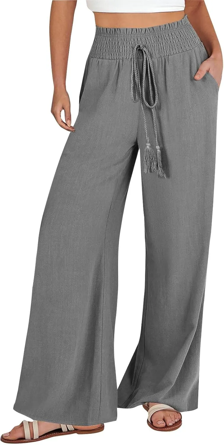 Wide Leg Linen Pants for Women Casual Summer Smocked High Waist Palazzo Pants Yoga Baggy Trousers with Pockets Beach