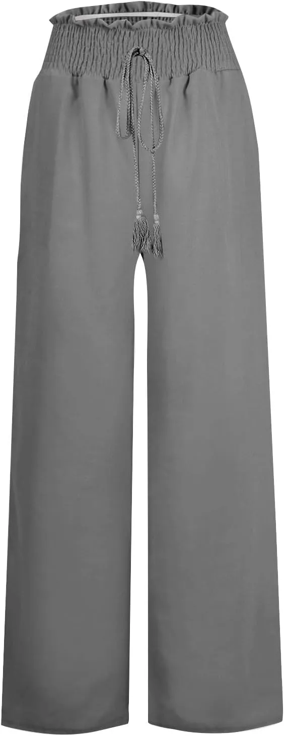 Wide Leg Linen Pants for Women Casual Summer Smocked High Waist Palazzo Pants Yoga Baggy Trousers with Pockets Beach
