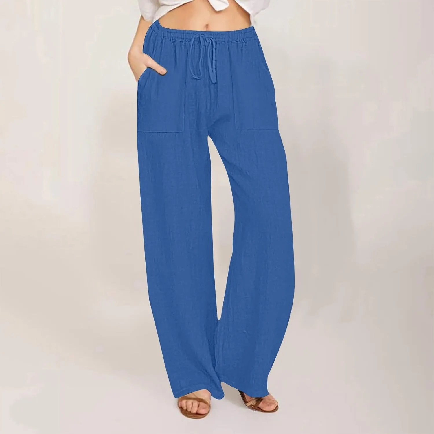 Wide Leg Linen Pants for Women Elastic Waist Summer Casual Solid Color Loose Fit Palazzo Trousers with Pockets