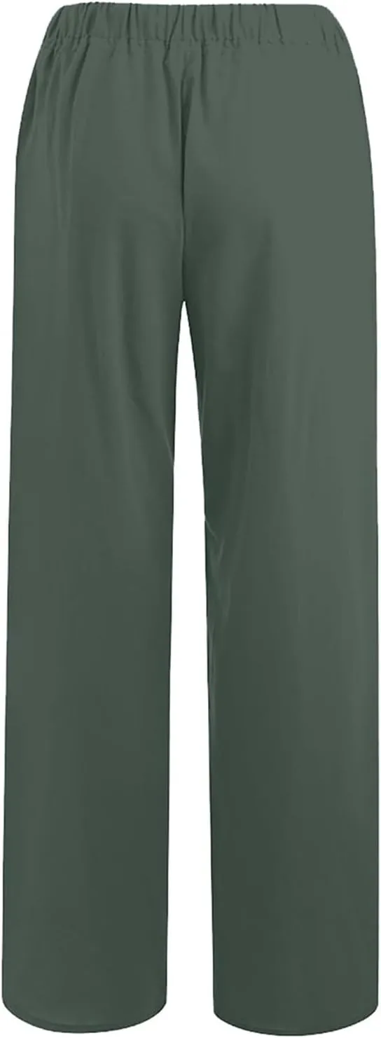 Wide Leg Linen Pants for Women Elastic Waist Summer Casual Solid Color Loose Fit Palazzo Trousers with Pockets