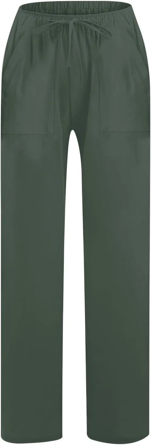 Wide Leg Linen Pants for Women Elastic Waist Summer Casual Solid Color Loose Fit Palazzo Trousers with Pockets